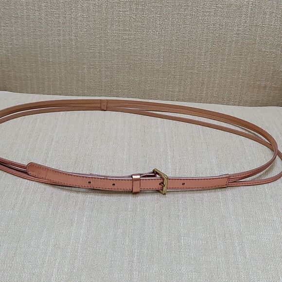 J. Crew Skinny Metallic Copper Leather Belt Square Brass Tone Buckle Size Large - Picture 8 of 10